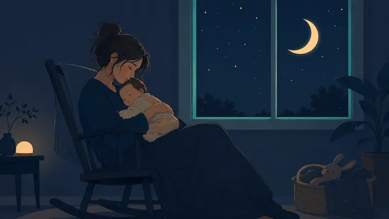 Illustrazione di una mamma che culla il suo bambino di notte