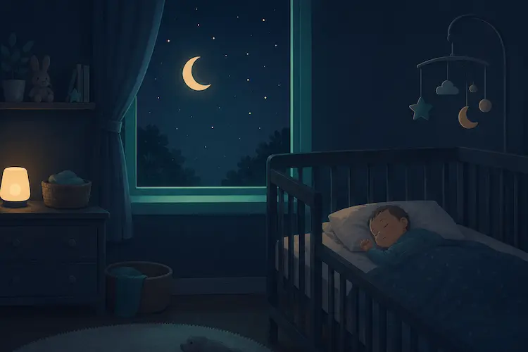 Illustrazione di un bambino che dorme sereno nella culla